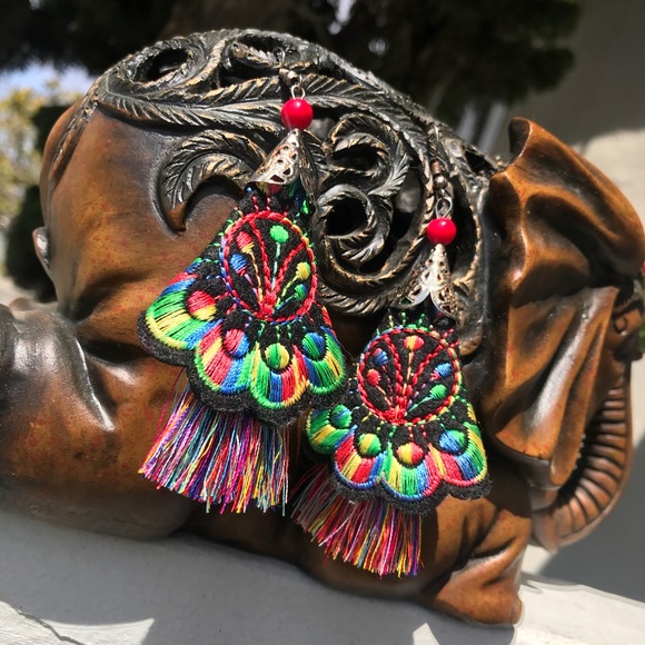 Beautiful Floral Boho Embroidered Tassel Earrings - Picture 7 of 8